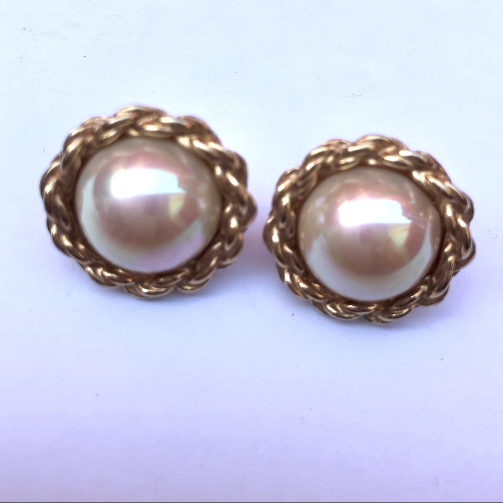 Pearl Cream Color Gold Tone Post Earrings